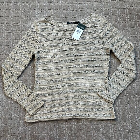 Ralph Lauren Linen Blend Sweater Beige Large Boatneck L/S Top Open Knit NWT - Picture 1 of 6